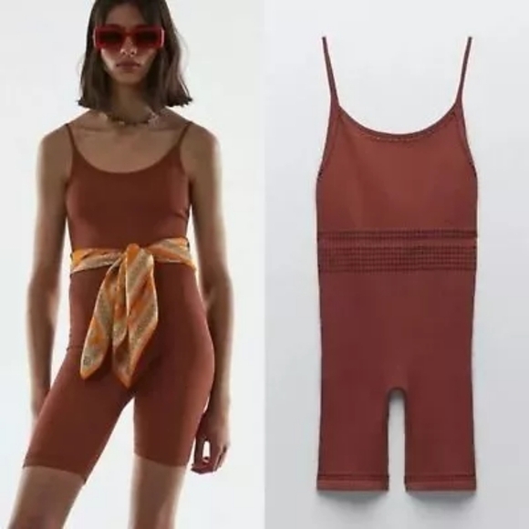 Zara Brown Textured Jumpsuit with Spaghetti Straps - Picture 1 of 4